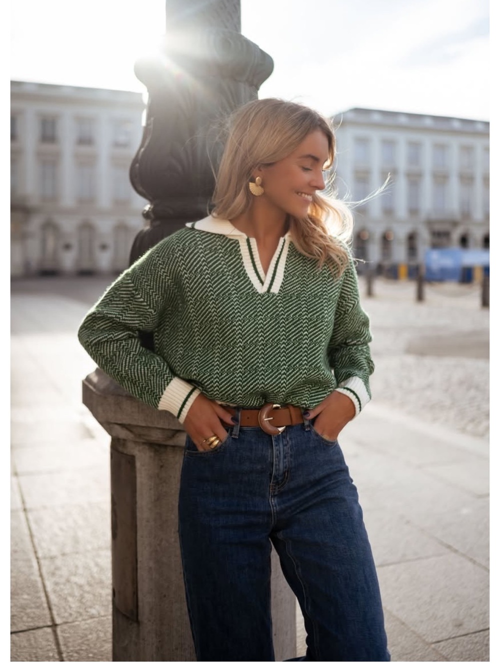 Green V-Neck Knit Sweater with Contrast Trim